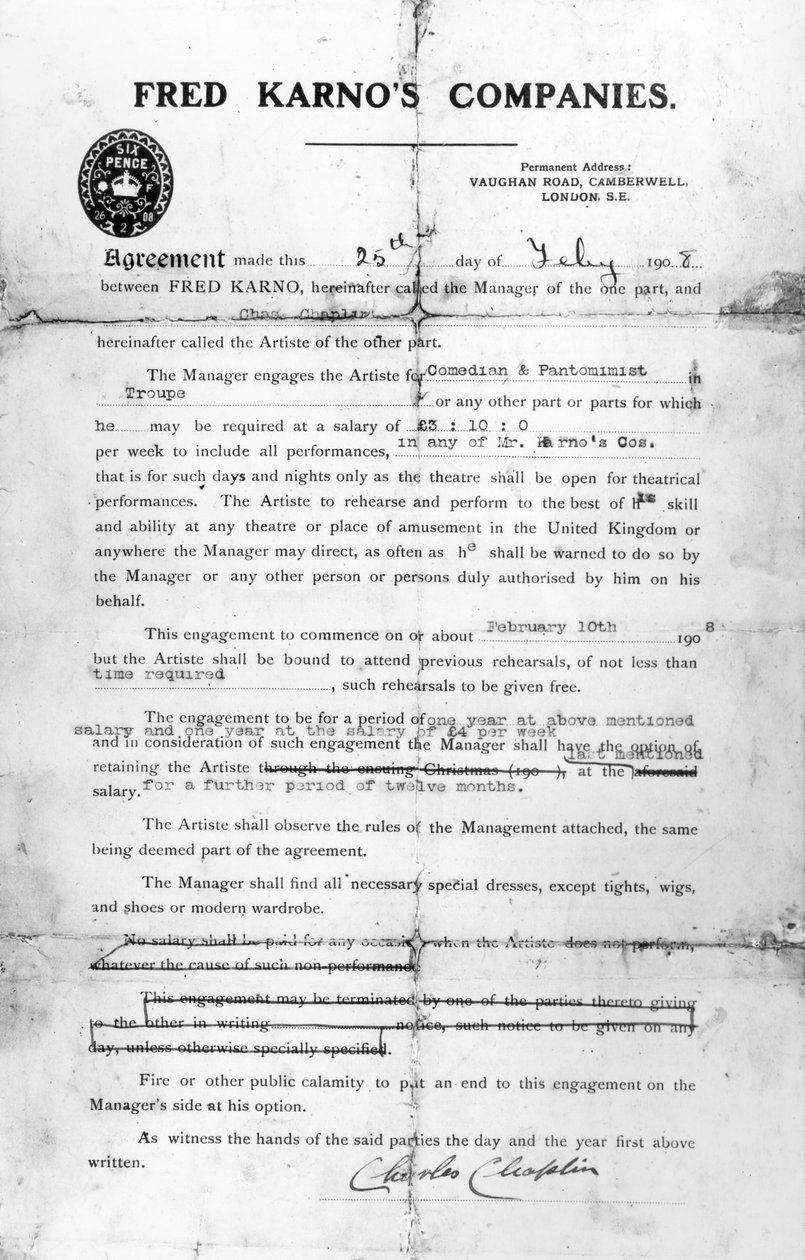 Megállapodás Fred Karno vállalatai és Charles Chaplin között, 1908. július 25-én (nyomtatott) alkotó: English School
