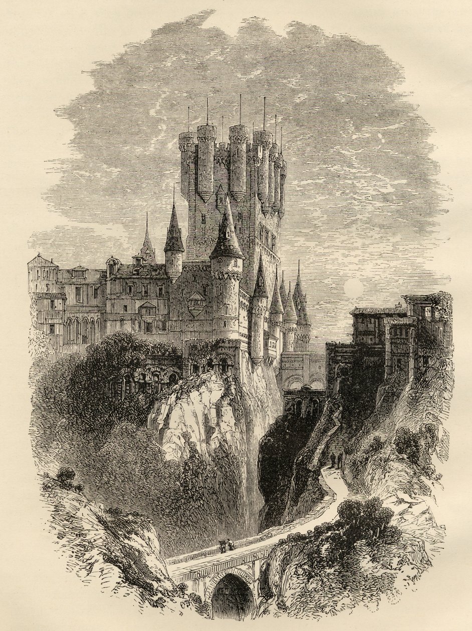 Alcazar Segoviában, Spanyolországban az 1862-es tűzvész előtt, Samuel Manning tiszteletes illusztrációja a Spanyol képekből alkotó: English School