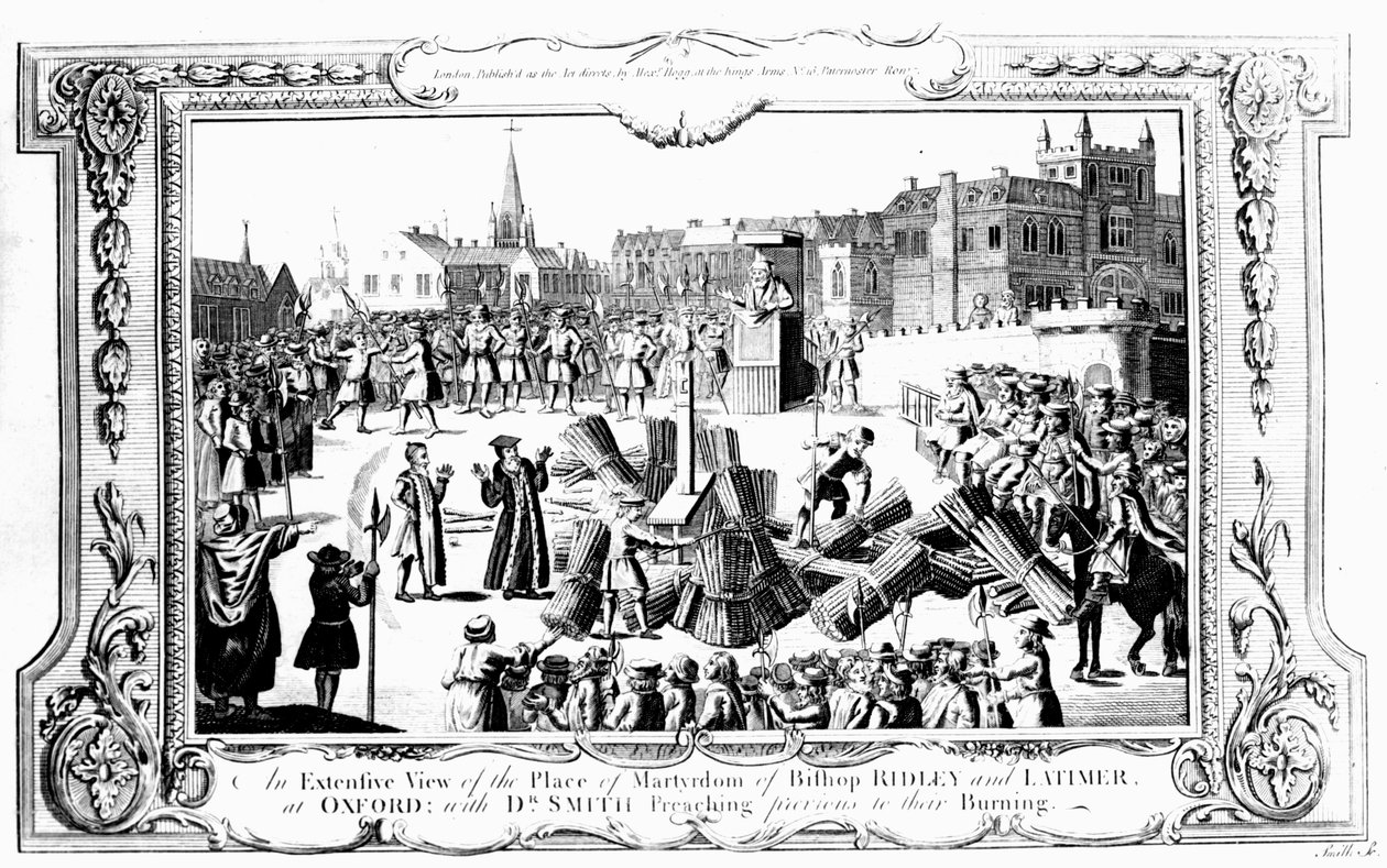 Ridley püspök (1500-55 körül) és Latimer (1485-1555 körül) oxfordi mártíromságának helyének átfogó megtekintése az égetésük előtt prédikáló Dr. Smith-szel együtt alkotó: English School