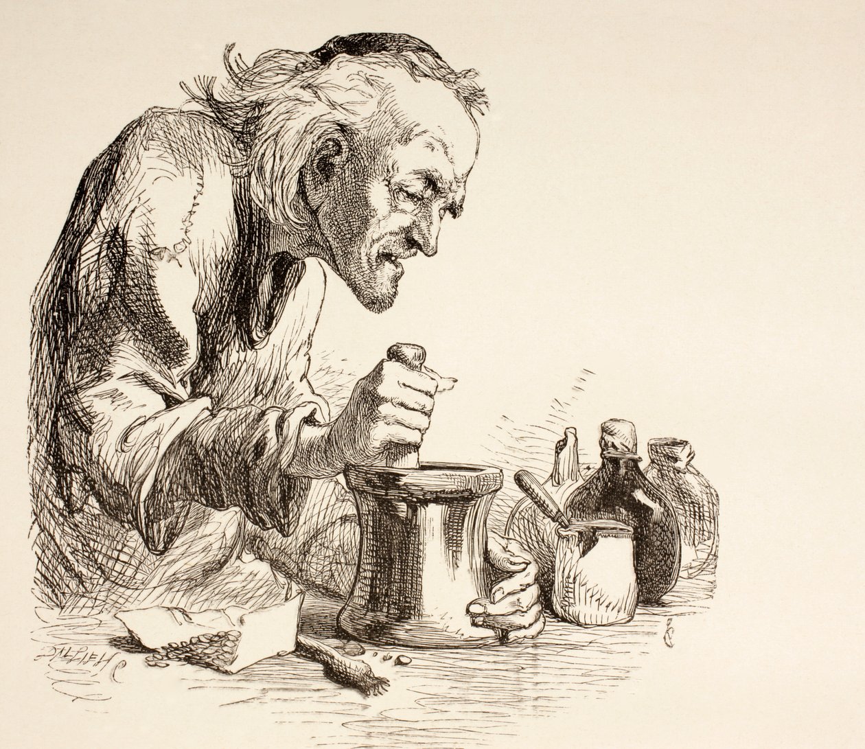 Gyógynövényeket daráló patika a The Illustrated Library Shakespeare-ből, 1890-ben Londonban alkotó: English School