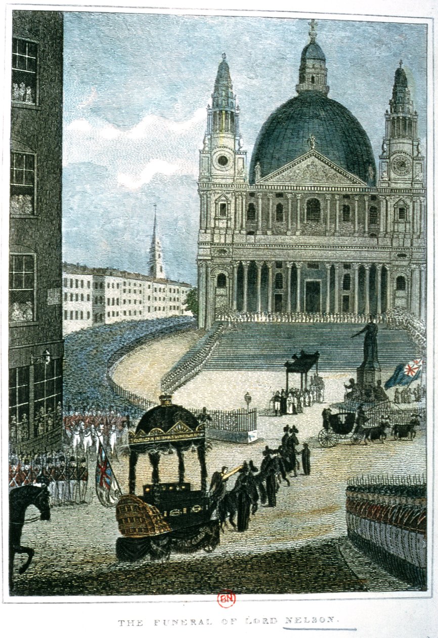 Pontos ábrázolása annak a nagy temetkezési autónak, amely Lord Nelson holttestét szállította az Admiralitásból a Szent Pál-székesegyházba 1806. január 9-én alkotó: English School