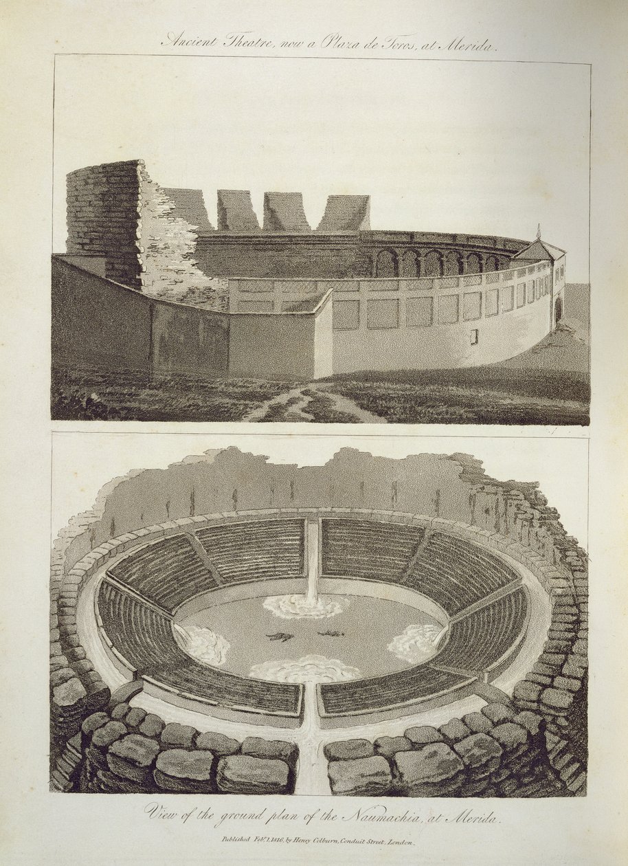Ősi Színház, ma Plaza de Toros, és a Naumachia alaprajzának kilátása, a Merida, kocsma. Henry Colburn, 1816 alkotó: English School