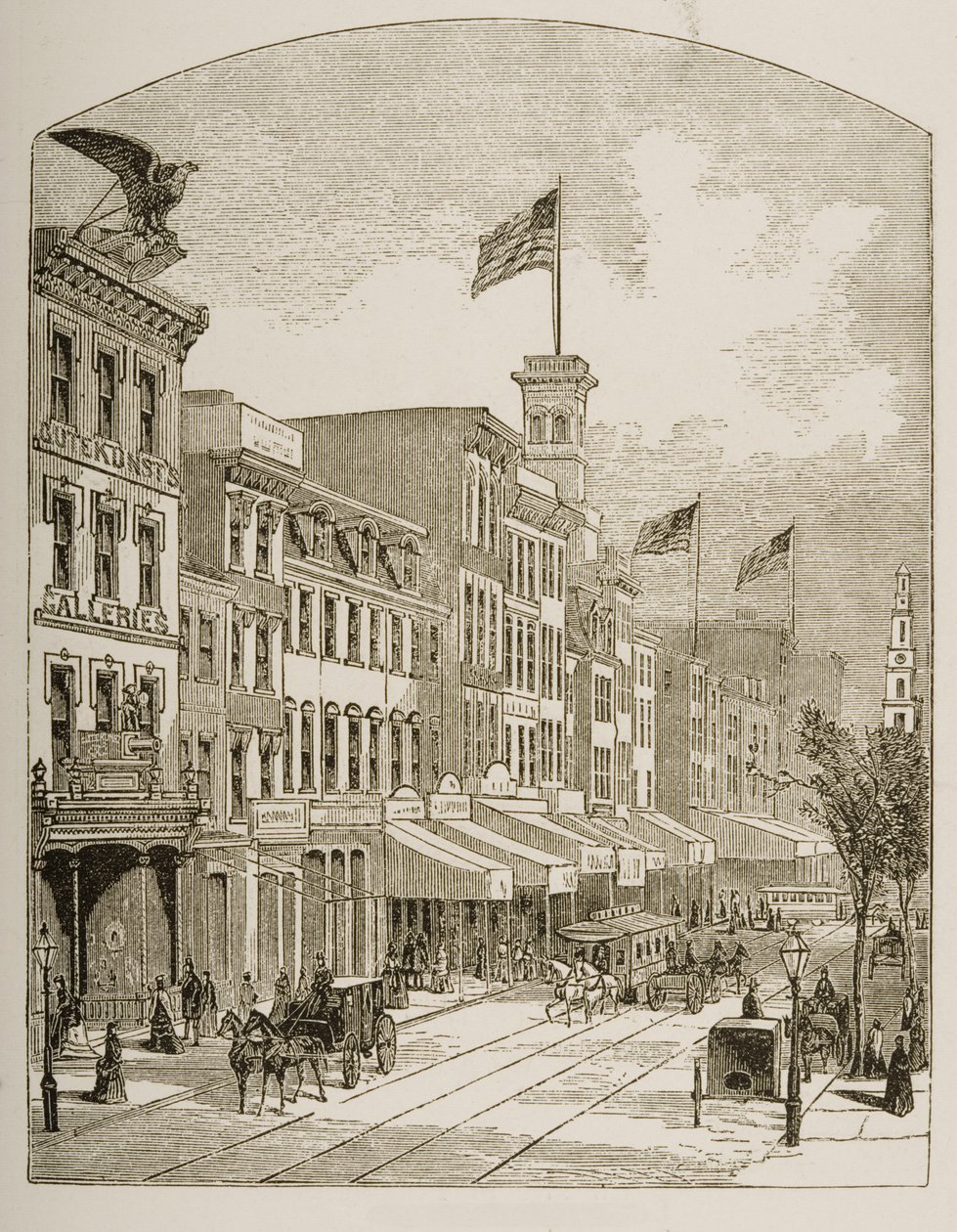Arch Street, Philadelphia, 1870 körül, a Religious Tract Society által kiadott „American Pictures”-ből, 1876 alkotó: English School