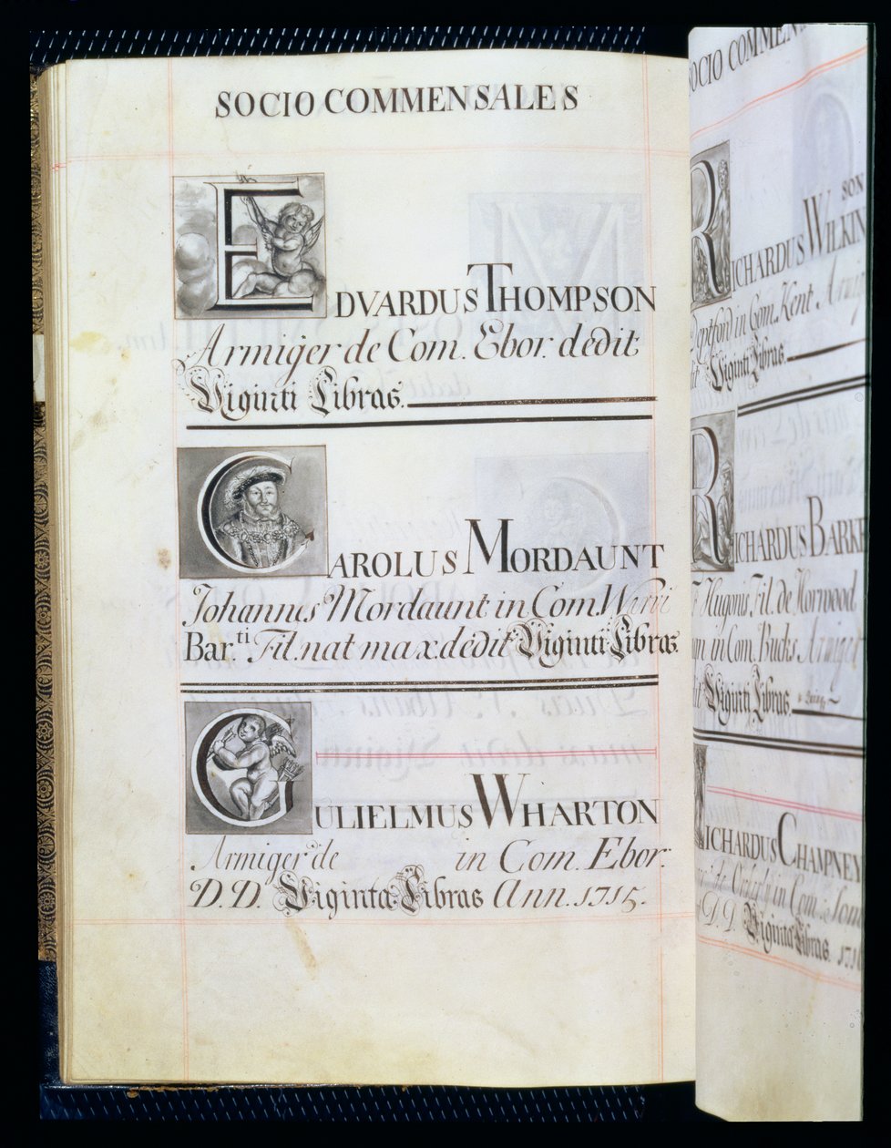 Archívum 3693 f.58v Az oxfordi New College három jótevőjét felsoroló oldal; Edvardus Thompson, Carolus Mordaunt és Gulielmus Wharton, egy jótékonysági könyvből, 16812-84 (toll és tinta) alkotó: English School