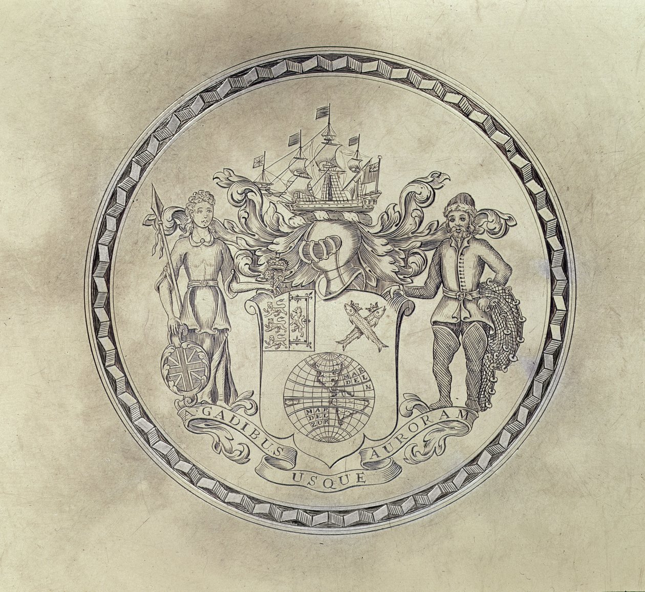 A Déli-tengeri Társaság fegyverei, szalverra vésve, 1714 (ezüst aranyozott) alkotó: English School