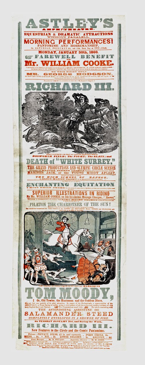 Astley cirkuszának plakátja, amely William Cooke úr búcsúját hirdeti, 1860. január 30. alkotó: English School