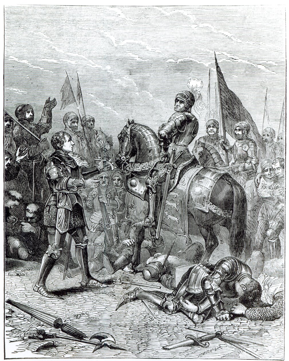 Bosworth Field-i csata: Lord Stanley elhozza III. Richard (1452-1485) koronáját Richmondba, 1485. augusztus 22. alkotó: English School
