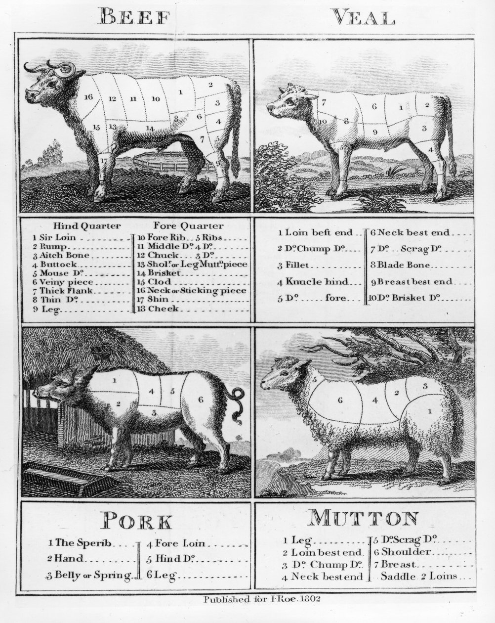 Darabolt marha-, borjú-, sertés- és birkahús, 1802 alkotó: English School