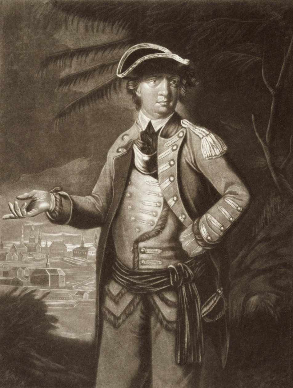 Benedict Arnold, egy 1766-os portré után, Quebeccel a háttérben alkotó: English School