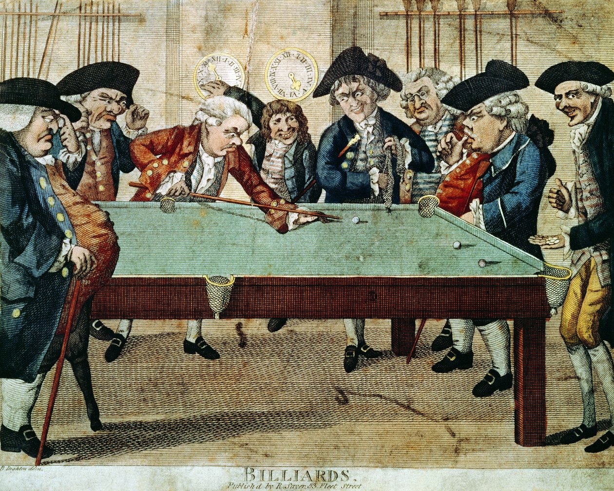 Biliárd, 18. századi rézkarc R.Sayertől alkotó: English School
