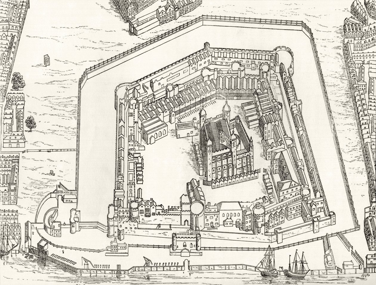 Madártávlat a londoni toronyról 1688-ban, Richard Lovett tiszteletes „London Pictures: Drawn with Pencil” című művéből, 1890. alkotó: English School