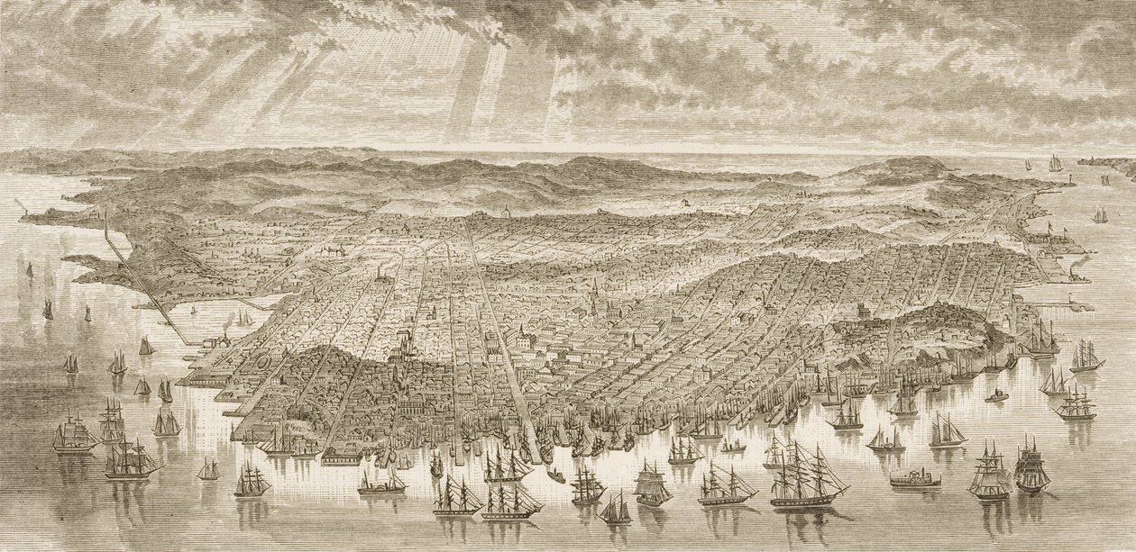 Madártávlati kép San Franciscoról, 1875, az „American Pictures”-ből, a The Religious Tract Society kiadásában, 1876-ban alkotó: English School