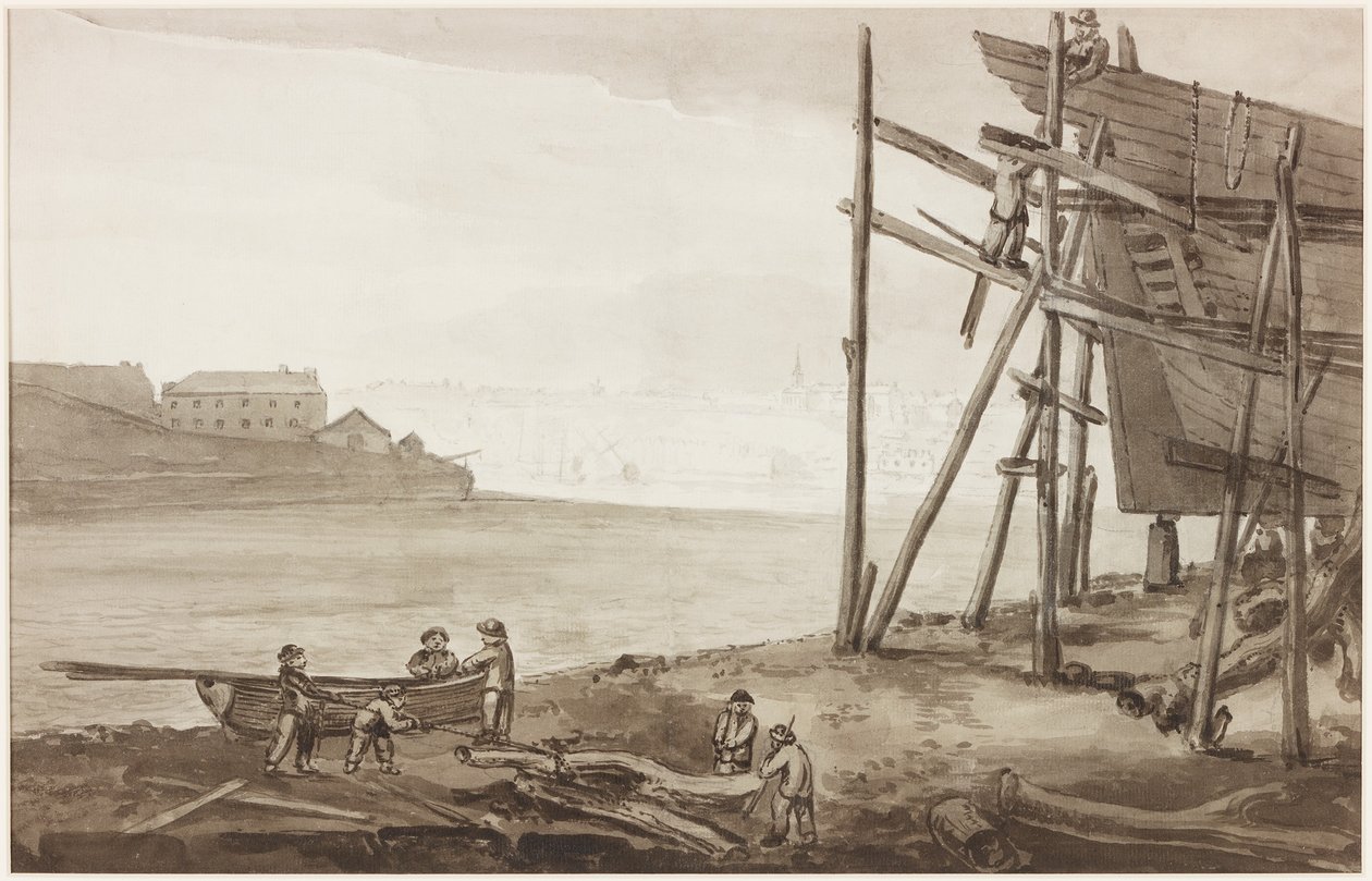 Boat Builders on the Tyne, 1820 (ceruza és mosás (barna) papíron) alkotó: English School