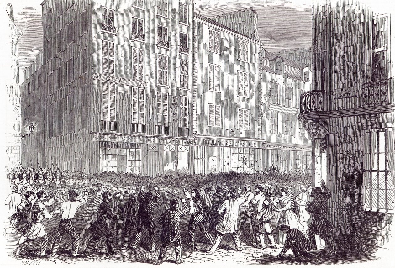 Bread Riot, a Rue du Faubourg St. Antoine-ban, Párizsban, a „The Illustrated London News”-ból, 1846. október 10. alkotó: English School