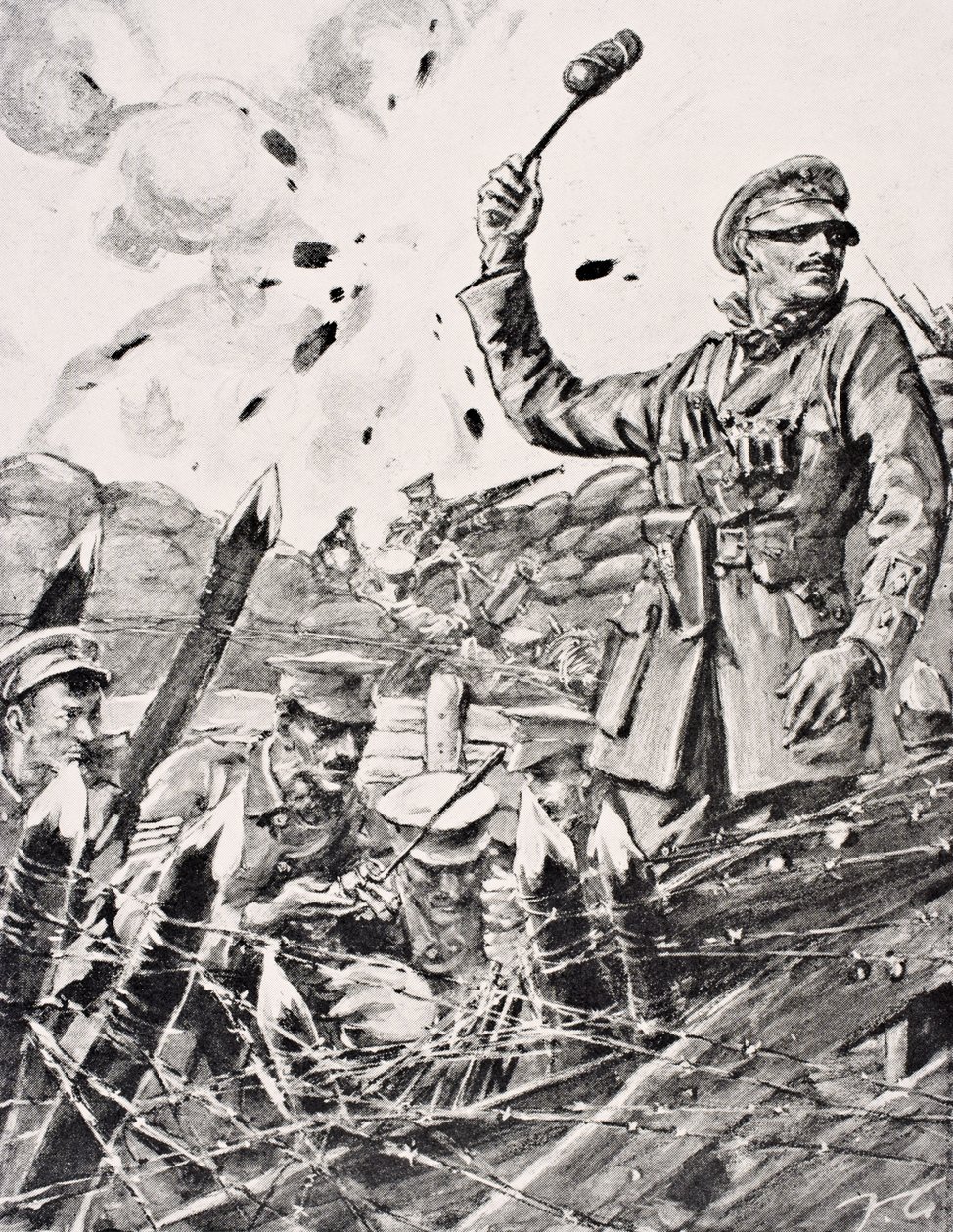 Az 1916-ban Londonban megjelent „The War Illustrated Album deLuxe” című brit tiszt gránátokat dobott az árokból támadó németekre alkotó: English School