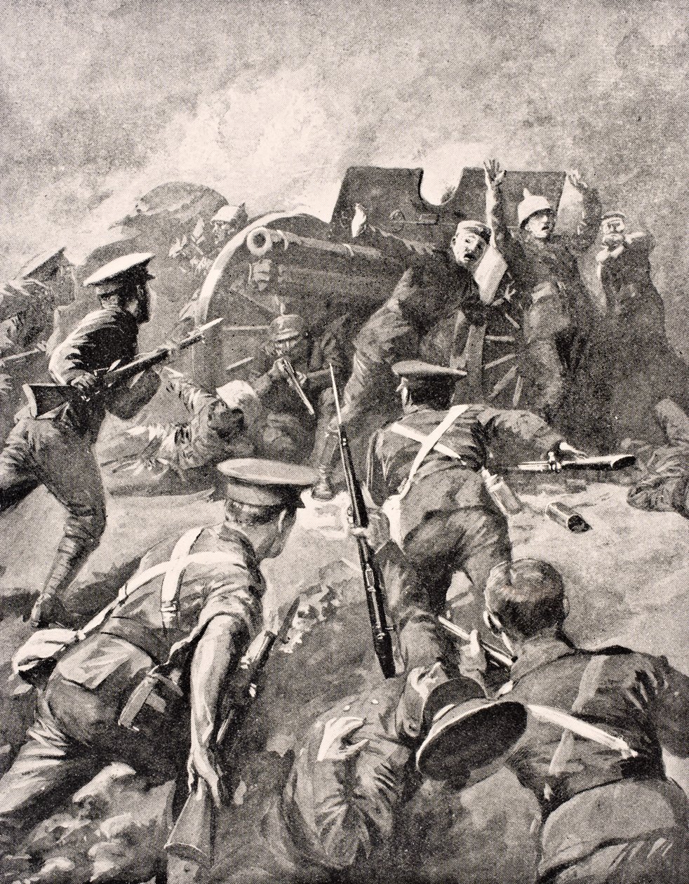 A brit katonák szuronyos német lövészeket támadnak meg a „The War Illustrated Album deLuxe” című albumából, amely 1916-ban Londonban jelent meg. alkotó: English School