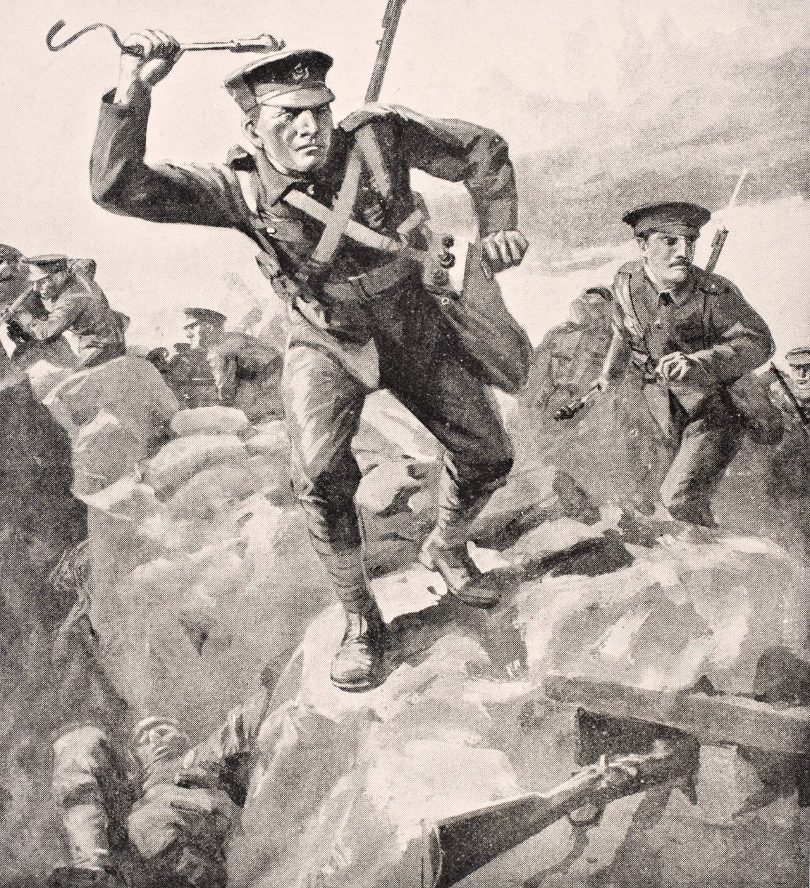 Brit csapatok kézigránátokkal támadják meg a német lövészárkokat, a „The War Illustrated Album deLuxe” című kiadványból, amely 1916-ban jelent meg Londonban alkotó: English School