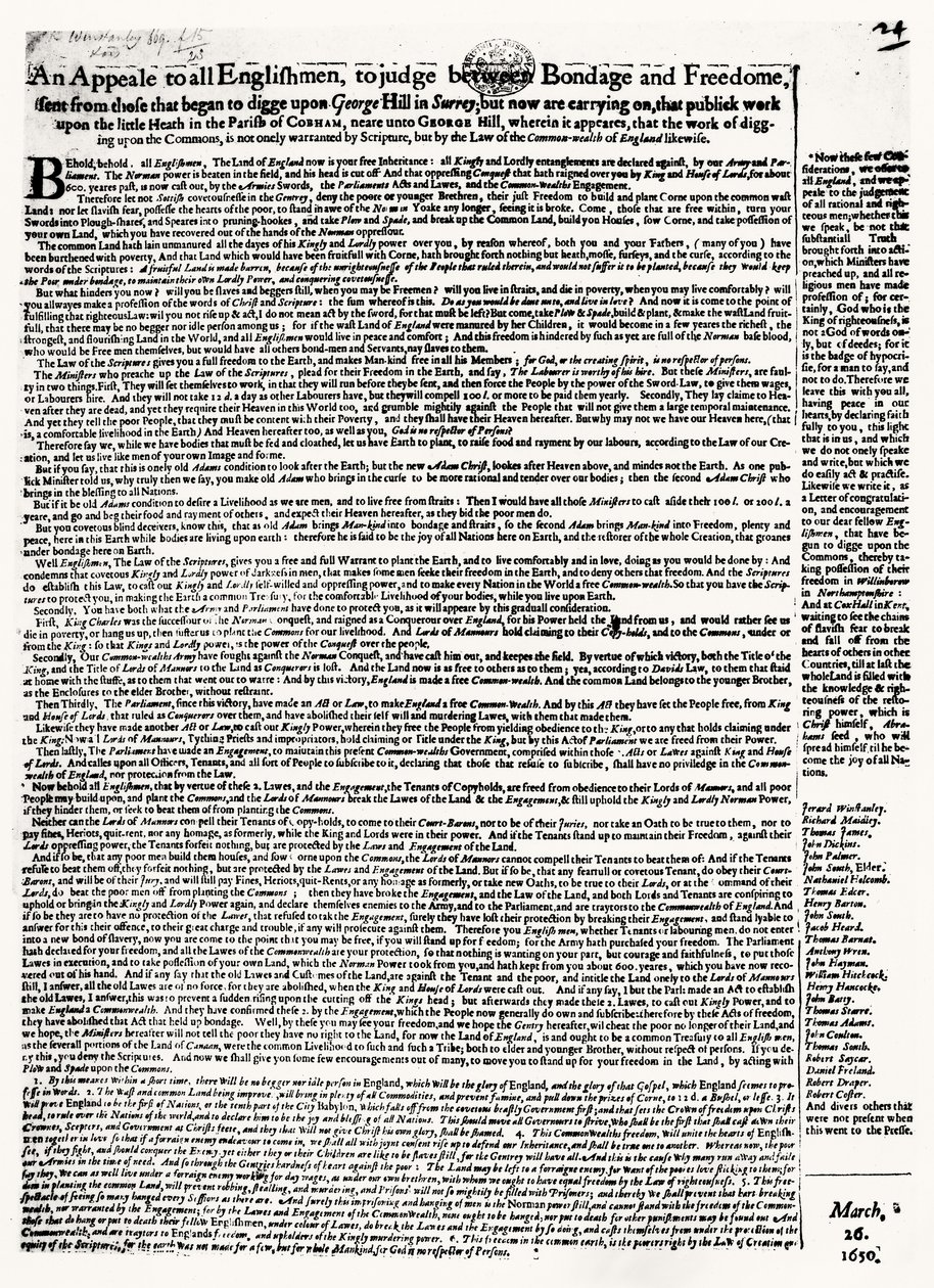 1650-ben megjelent Broadsheet felhívás Diggershez alkotó: English School