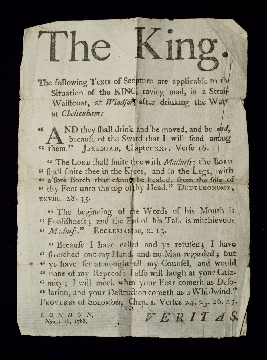 III. György király őrületét tárgyaló broadsheet, 1788 (hírnyomtatás) alkotó: English School