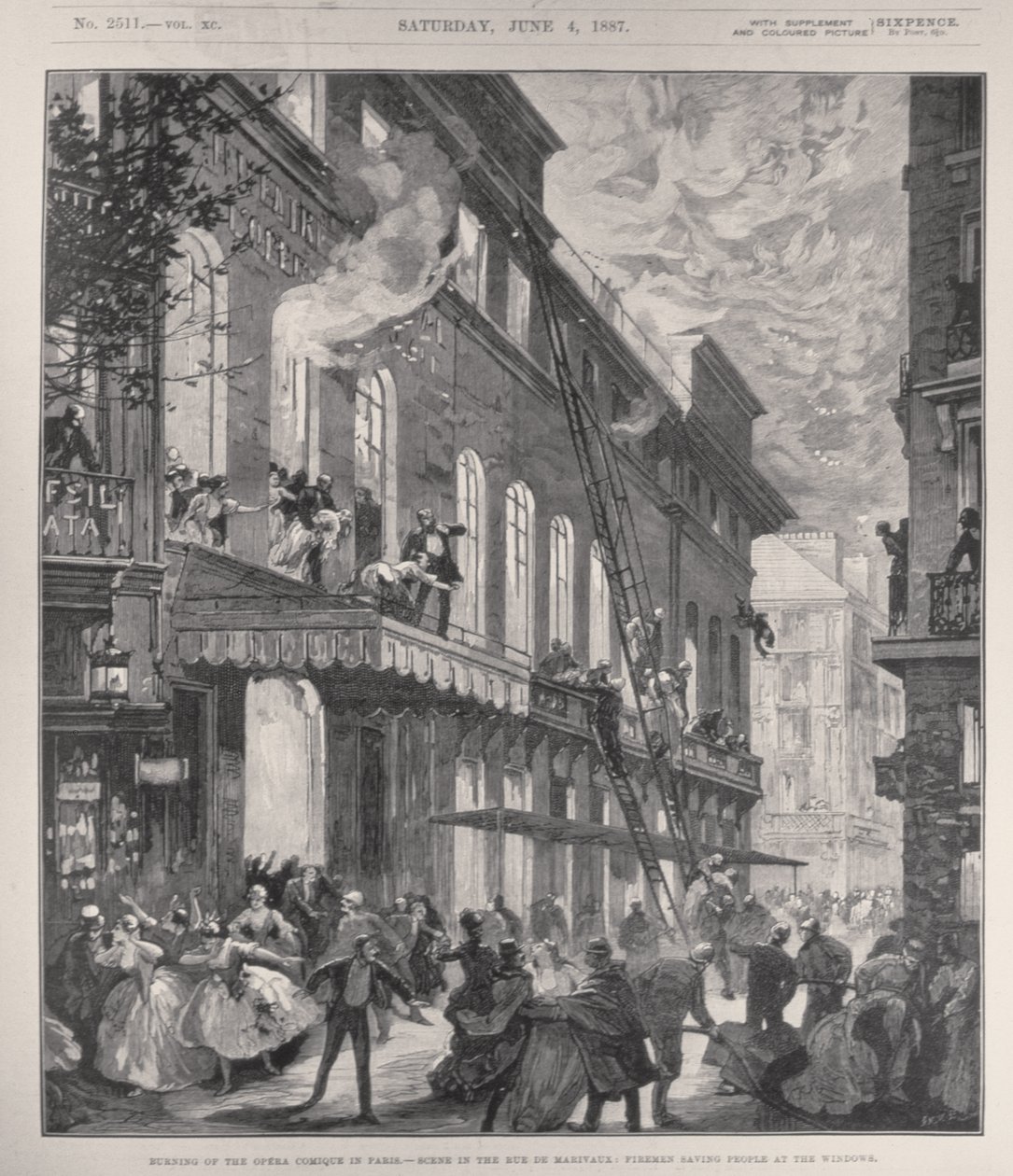 Az Opera Comique leégése Párizsban, Jelenet a Rue de Marivaux-n: Tűzoltók embereket mentenek az ablakoknál, a The Illustrated London News-ból, 1887. június 4. alkotó: English School