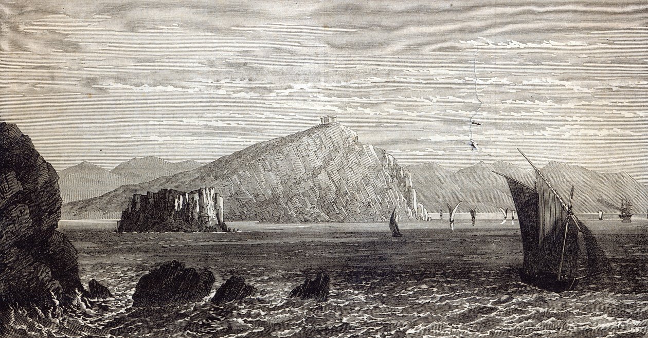 A Colonna-fok, a Minerva-templom romjaival, Görögország partjainál, az Illustrated London News-ból alkotó: English School