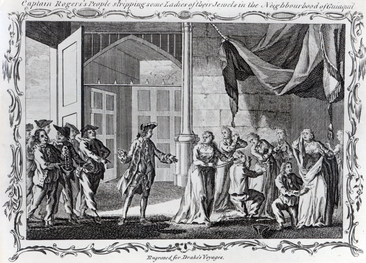 Rogers kapitány emberei megfosztanak néhány hölgytől az ékszereiket Guiaquil szomszédságában, 1765 alkotó: English School