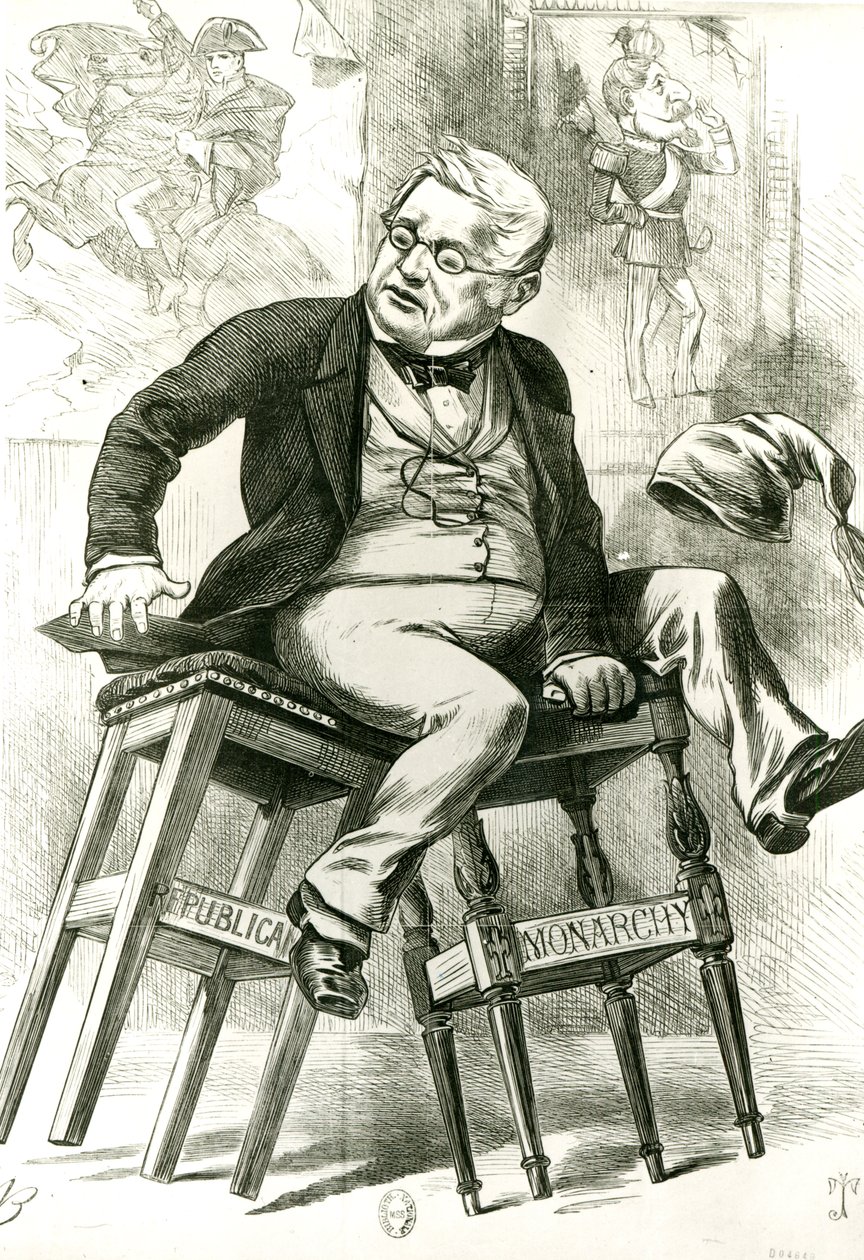 Adolphe Thiers (1797-1877) karikatúrája két zsámoly között, illusztráció a 