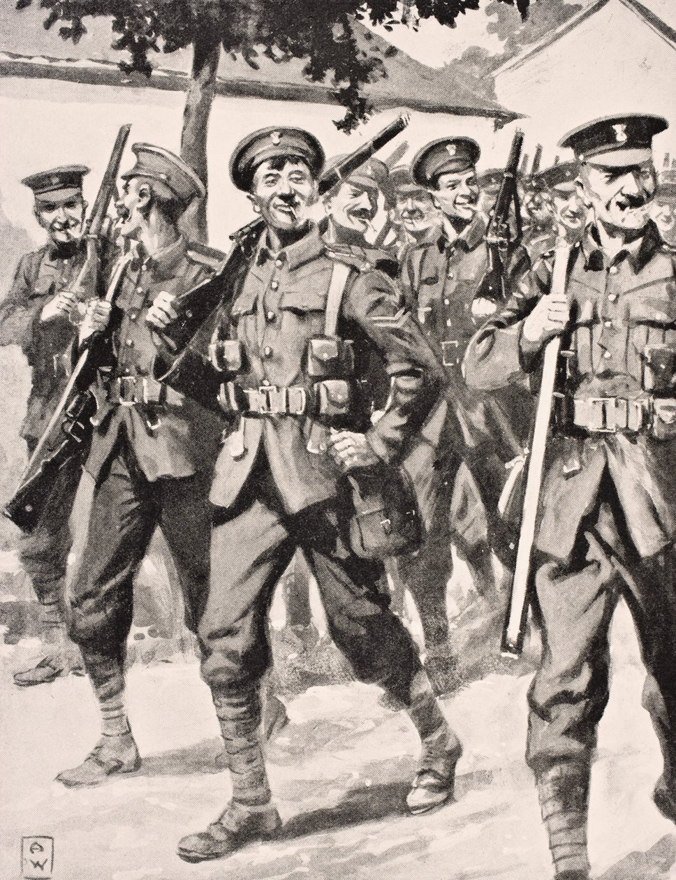 Karikatúraszerű rajz magabiztos brit csapatokról a frontvonal nyugati frontja felé vezető úton, 1915, a „The War Illustrated Album deLuxe” című kiadványból, 1916-ban Londonban. alkotó: English School