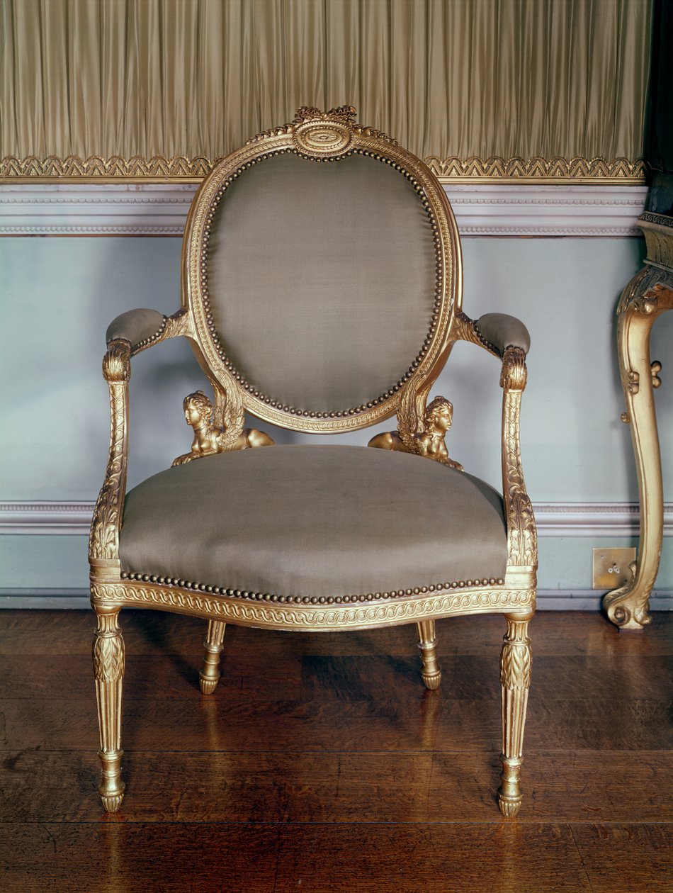 Faragott fotel gilosmintával; Adams-tervezet az osterleyi ágykamrához, 1777 (aranyozott fa) alkotó: English School