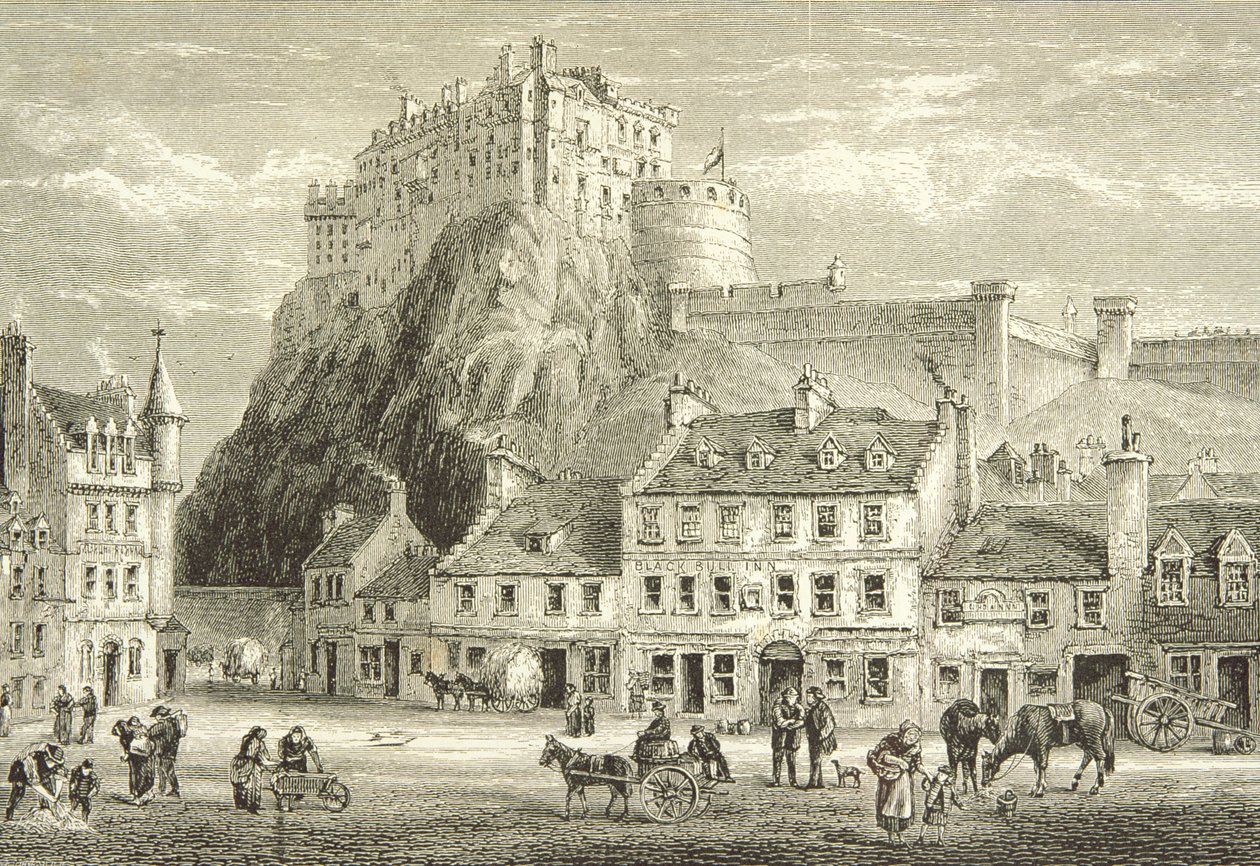 Castle and Grassmarket, Edinburgh 1880 körül, a Religious Tract Society által kiadott „Scottish Pictures”-ből, 1886 alkotó: English School
