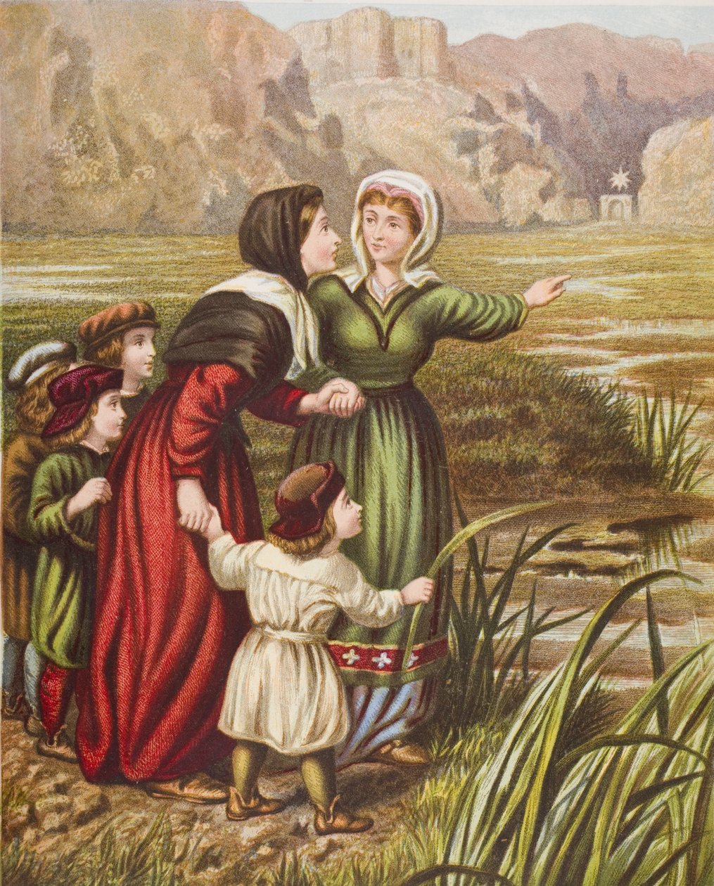 Christiana és Mercy a Despond slough-nál, illusztráció John Bunyan (1628-88) „The Pilgrim