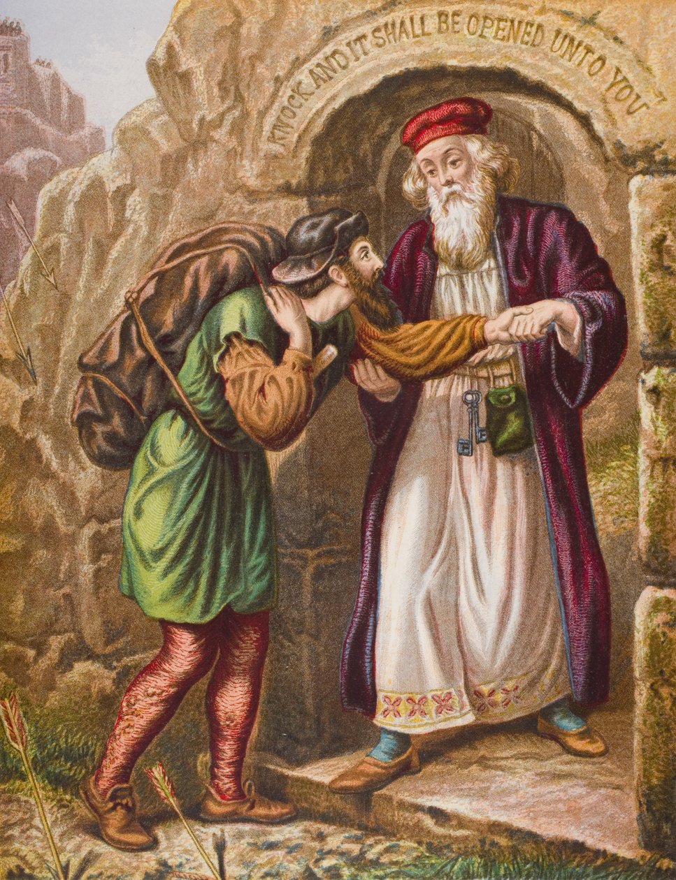 Christian érkezése a Wicket Gate-hez, illusztráció John Bunyan (1628-88) „The Pilgrim