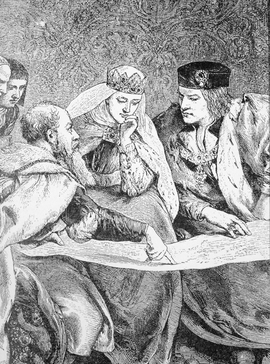 Kolumbusz Kristóf (1451-1506) leírja II Ferdinánd királynak (1452-1516) és Izabella királynőnek (1451-1504) az amerikai kontinensre tett útját. alkotó: English School