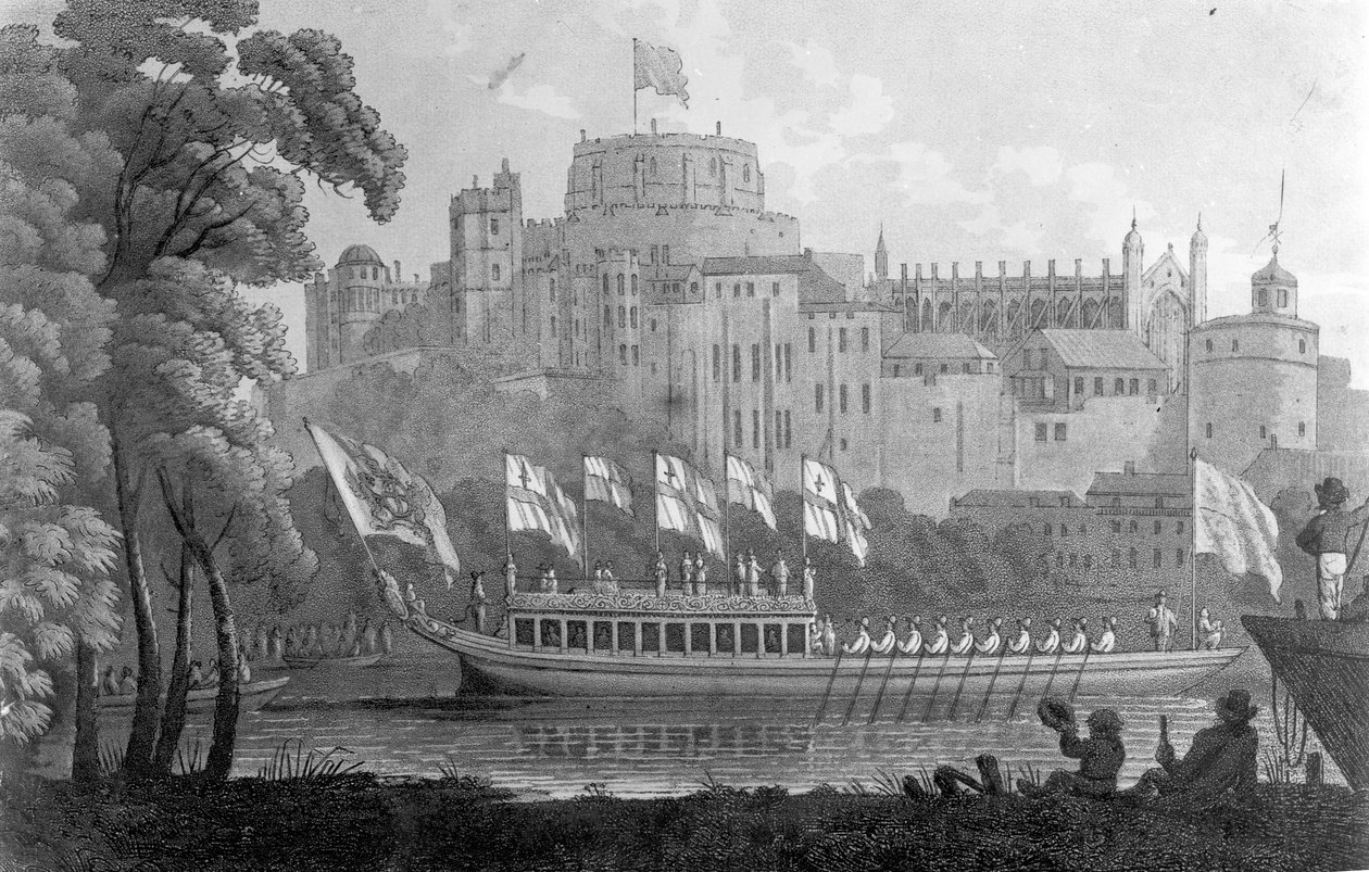 A londoni City State Barge felfelé halad a Temze folyón, a Windsori kastély előtt, úton Oxfordba, egy 1812-es akvarell után alkotó: English School