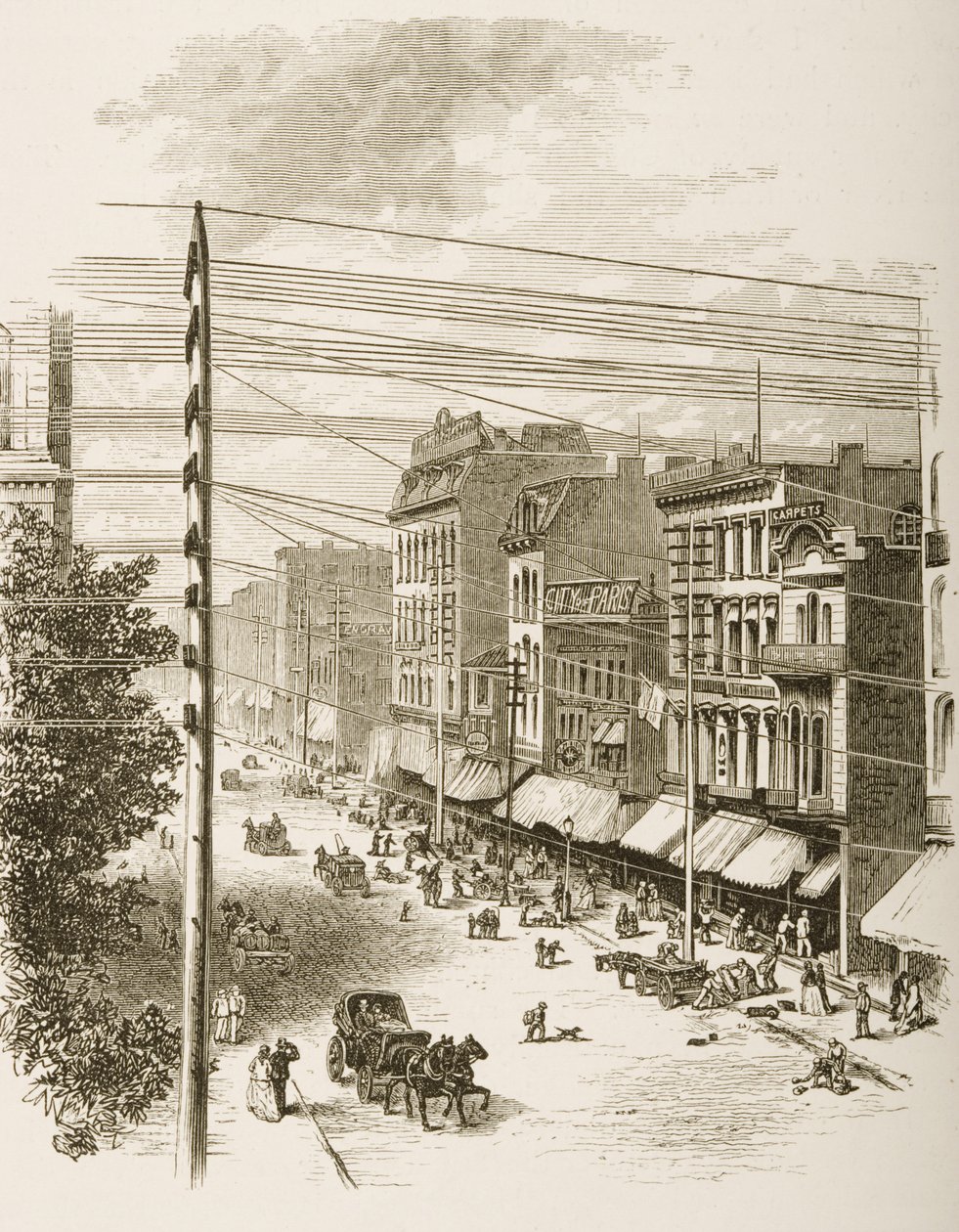 Clark Street, Chicago, 1870 körül, a Religious Tract Society által kiadott "American Pictures"-ből, 1876 alkotó: English School