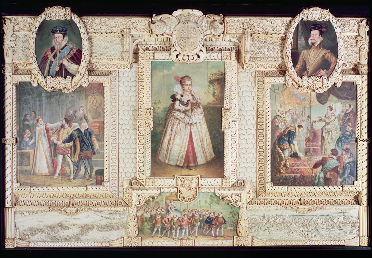Hat miniatűr gyűjtemény, amely I. Erzsébet királynőt, életének figuráit és jeleneteit ábrázolja alkotó: English School