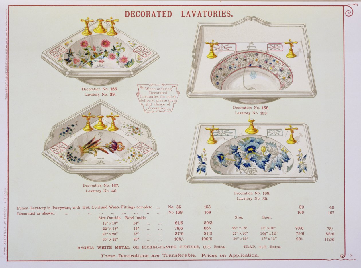 Díszített mosdók a Morrison, Ingram & Co., Manchester által gyártott szaniteráru-katalógusból, 1890 körül kiadott alkotó: English School