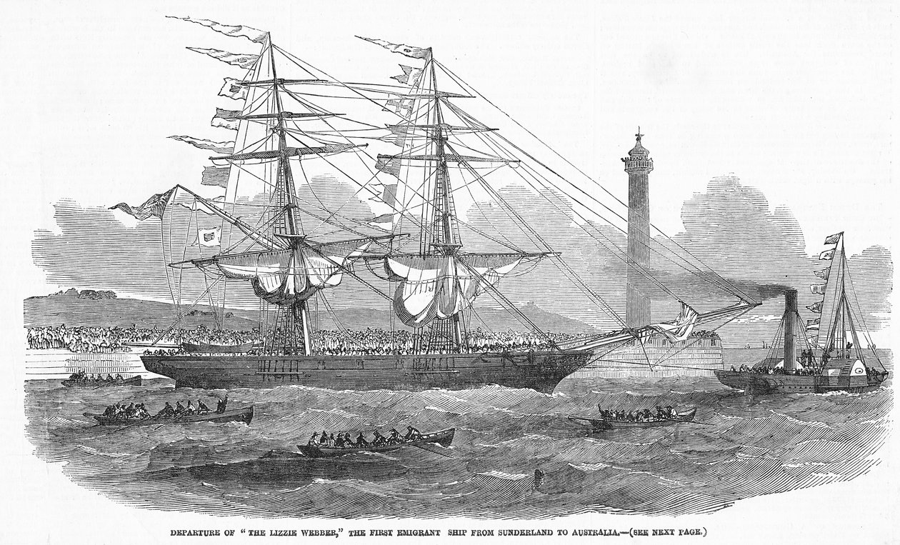 A „The Lizzie Webber”, az első emigráns hajó Sunderlandből Ausztráliába indul a „The Illustrated London News”-tól, 1852. augusztus 7. alkotó: English School