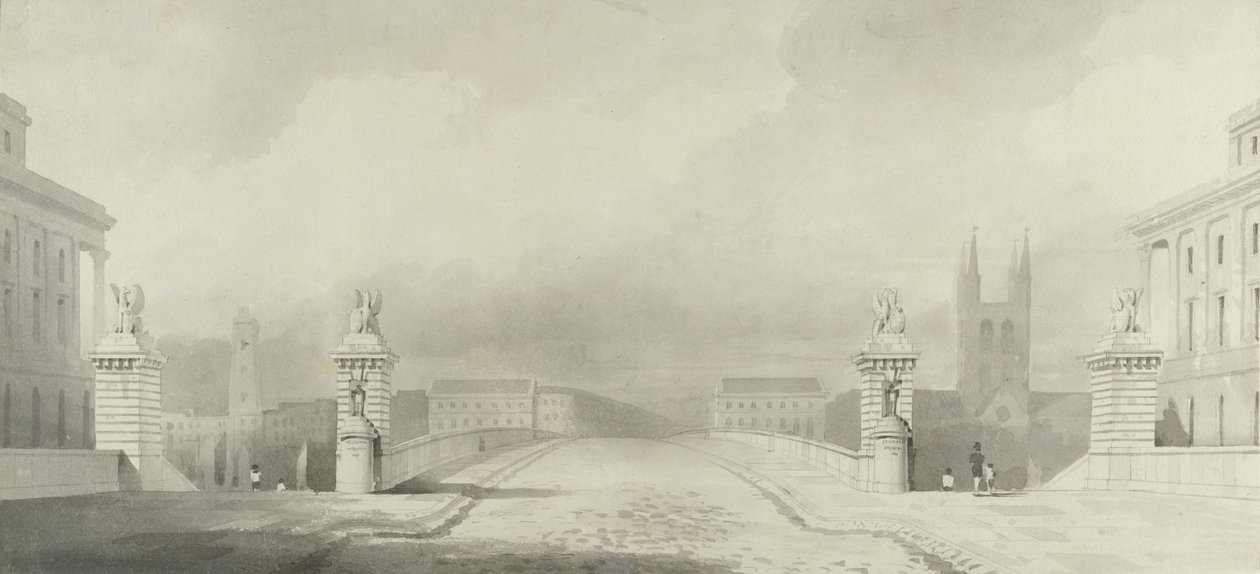 Tervezés a London Bridge megközelítéshez (toll és tinta, valamint grafitos mosás papíron) alkotó: English School