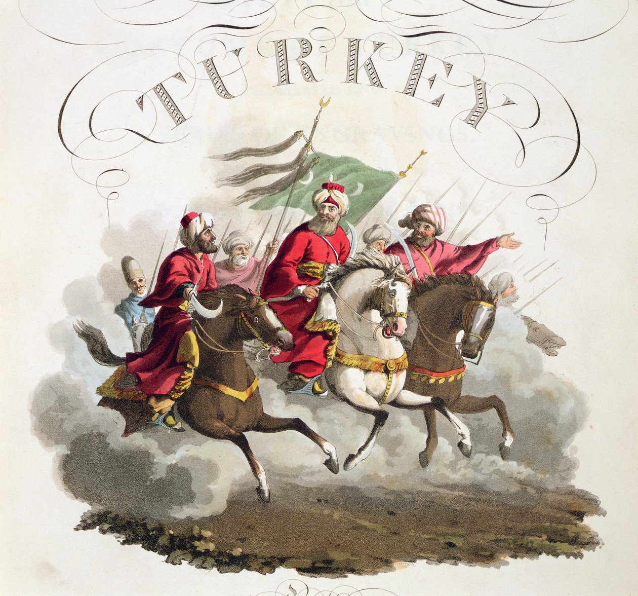 Részlet a címlapról, a Costumes of the Various Nations, VII. kötetből, The Military Costume of Turkey, Thomas MacLean, megjelent 1800-1818 körül (kézzel színezett akvatinta) alkotó: English School