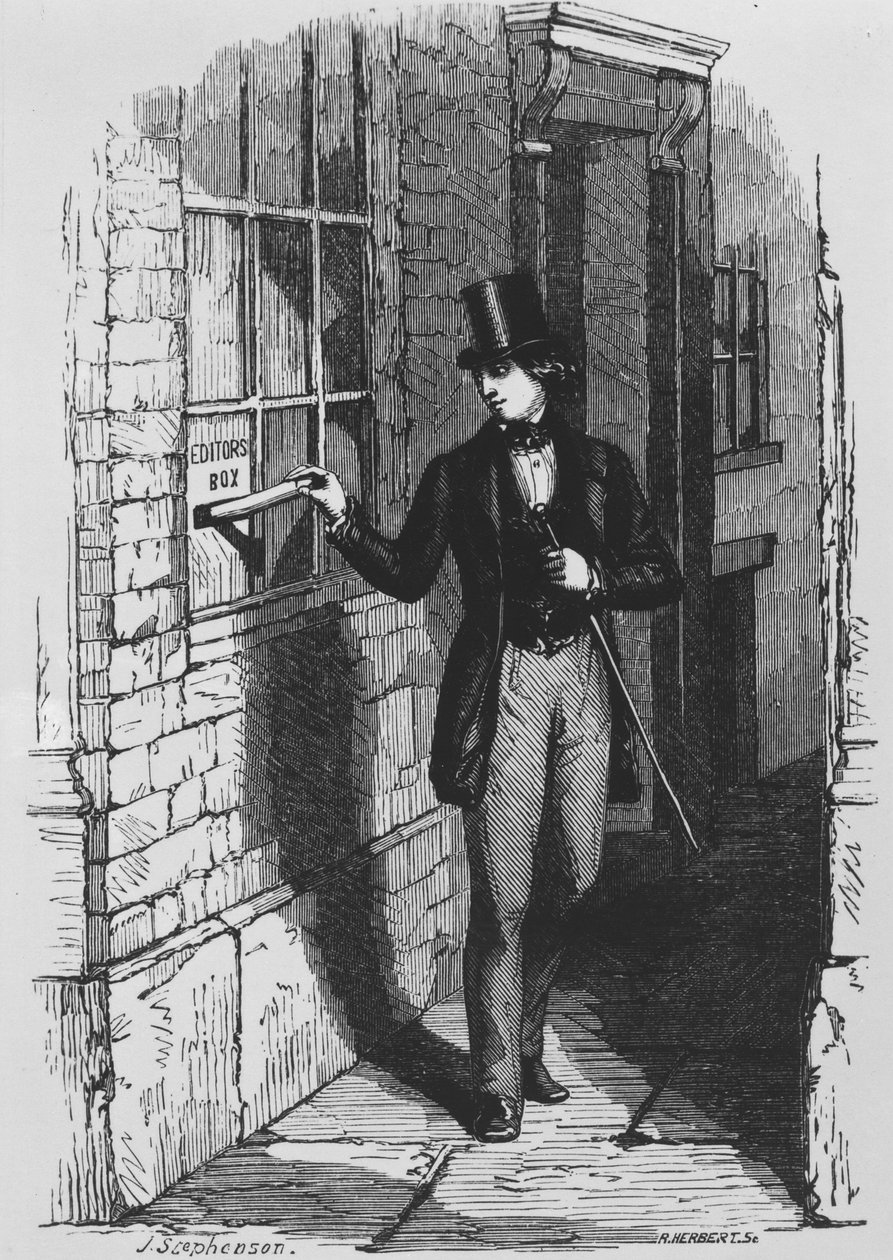 Dickens elhelyezi első irodalmi hozzájárulását a szerkesztői dobozba alkotó: English School