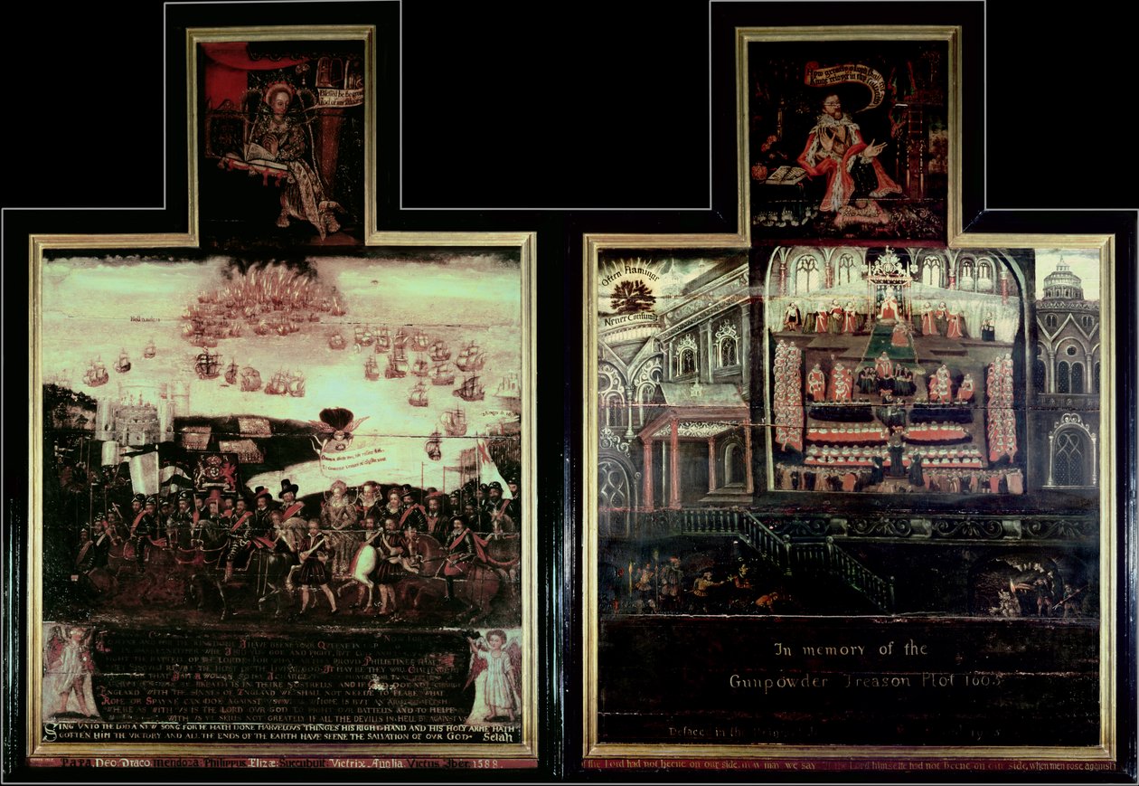 Diptichon, amely I. Erzsébet királynő (1530-1603) Tilburyba érkezését, a spanyol armada legyőzését és a lőporos összeesküvést ábrázolja alkotó: English School