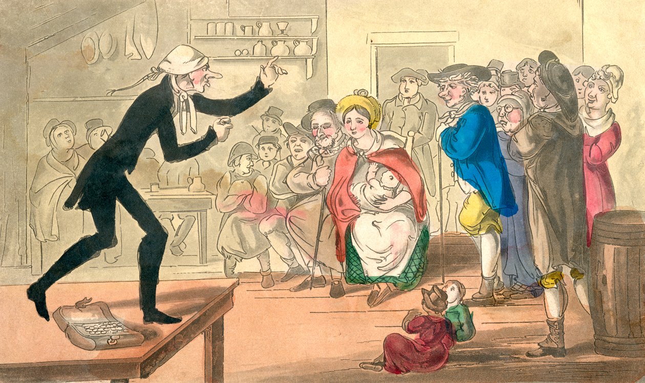Dr. Comicus Selling his Pills, Dr. Comicus kalandjaiból vagy A szerencsebolondokból, 1815 körül (kézzel színezett akvatinta) alkotó: English School