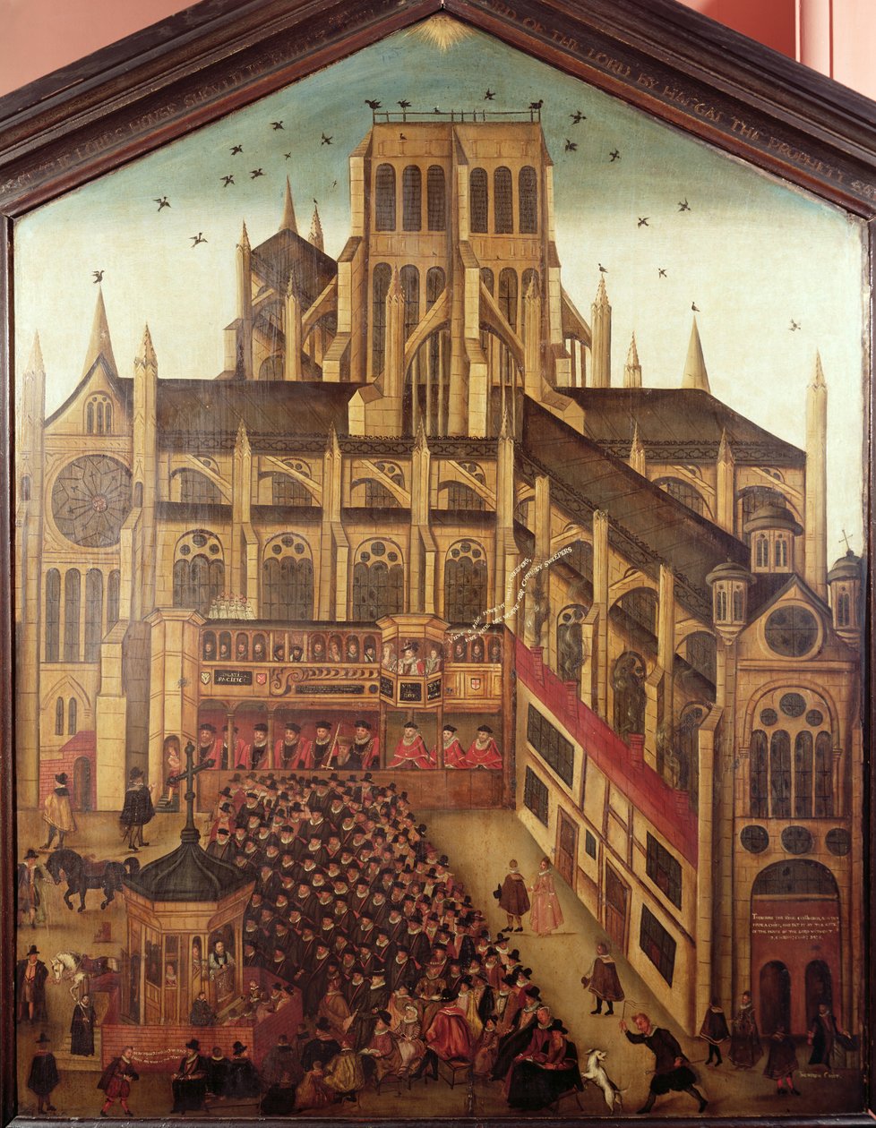 Dr. J. King prédikációja a St. Pauls Cathedralban 1616-ban, 1624-ben (olaj, fa) alkotó: English School