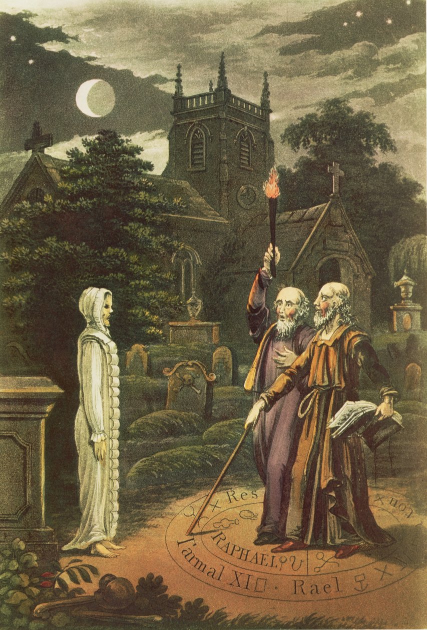 Edward Kelly (sz. 1555) bűvész, társa, a matematikus és asztrológus, John Dee (1527-1608) szellemet nevel (kézzel színezett metszet) alkotó: English School
