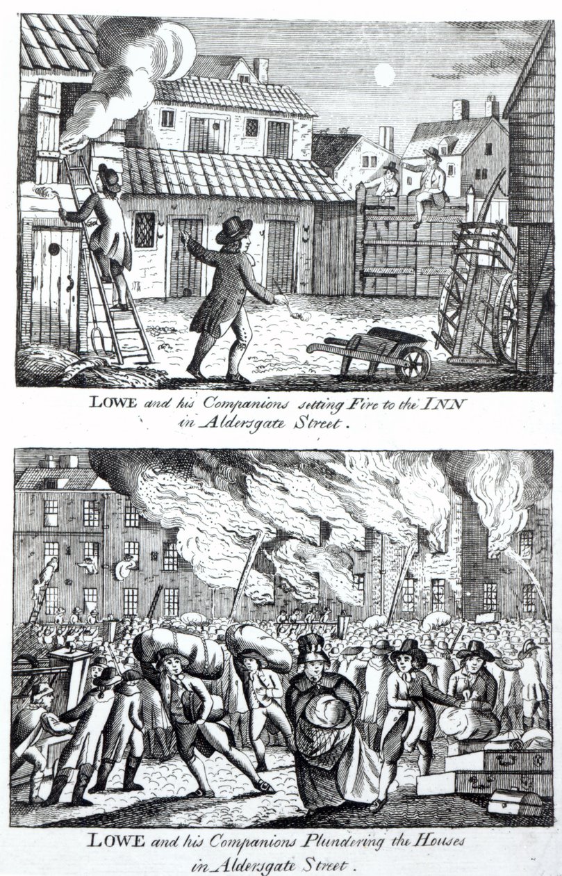 Edward Lowe és társai felgyújtják az Aldersgate Street-i fogadót és kifosztják a házakat, 1790. május 16. alkotó: English School