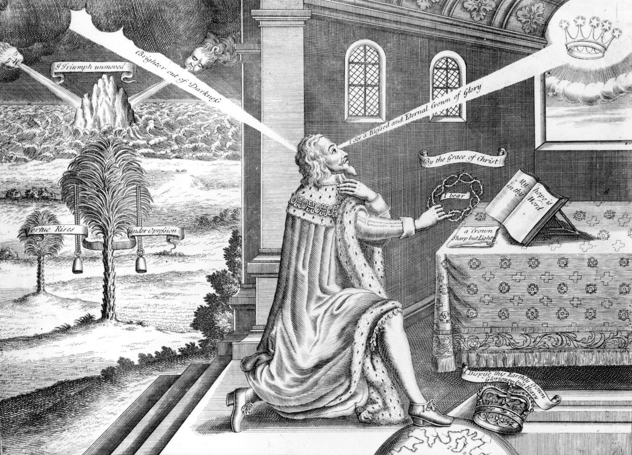 I. Károly király (1600-49) királyi vértanú jelképe a Szenvedések című művében, 1649 alkotó: English School