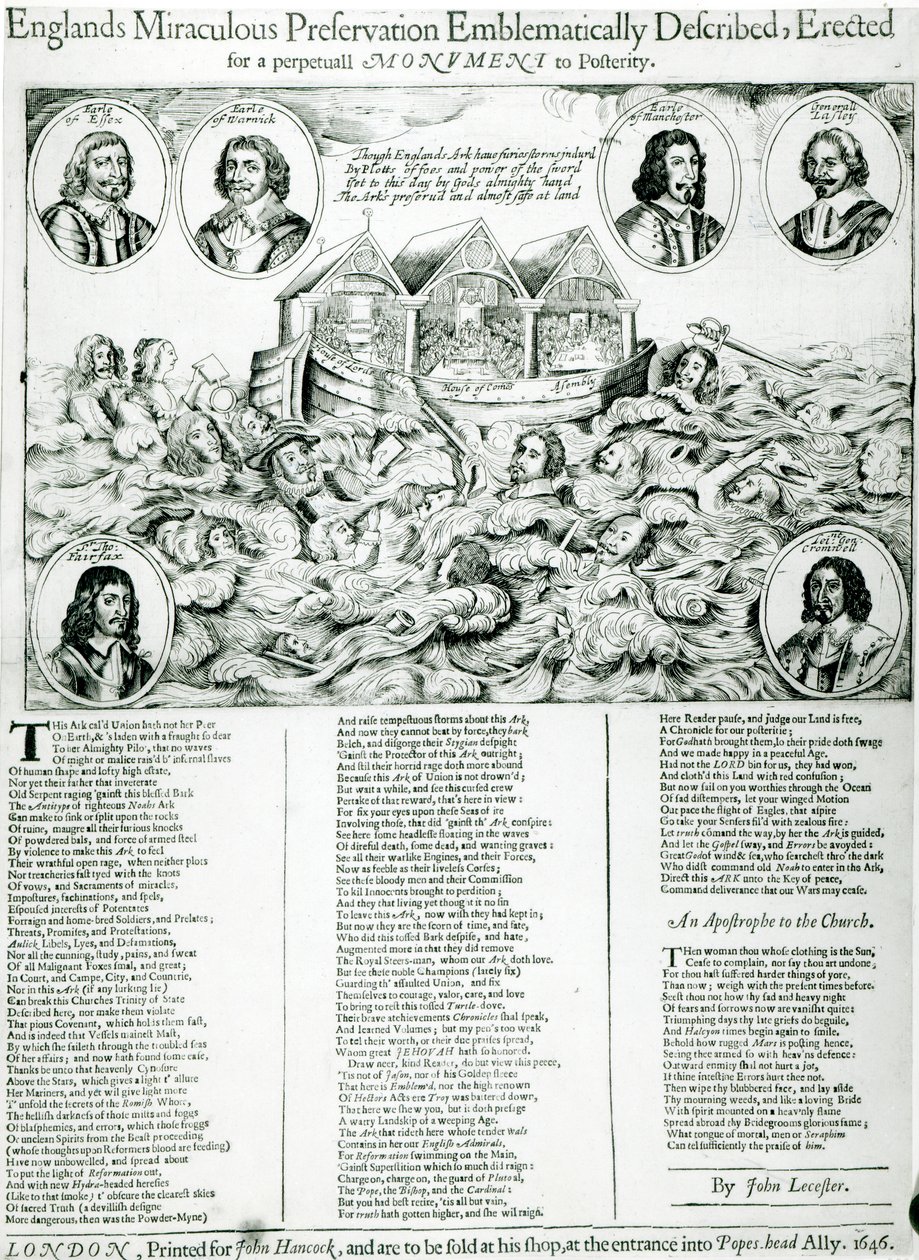 Az Englands Miraculous Preservation emblematikus leírása, az utókor örök emlékművének emelve, 1646 alkotó: English School