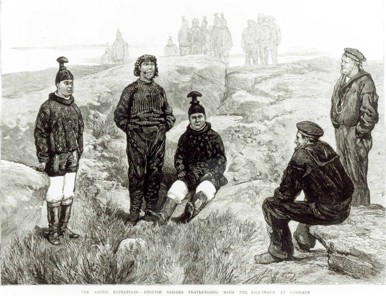 Angol tengerészek barátságot kötöttek az eszkimókkal Godhavnban, a „The Graphic”-ból, 1875. június 18. alkotó: English School