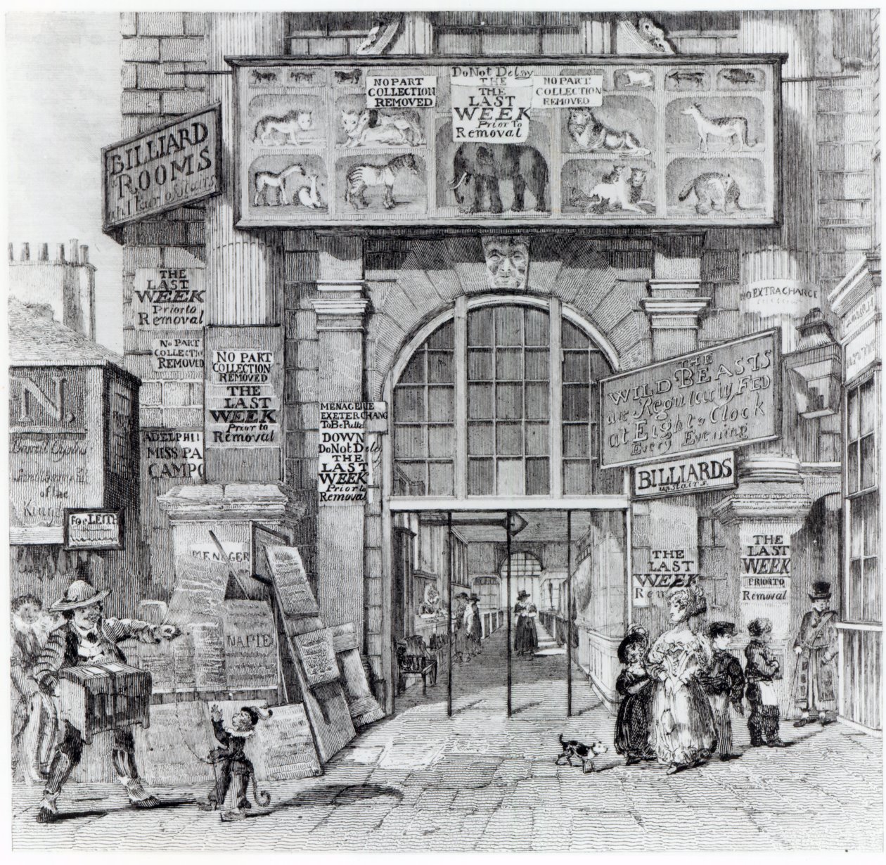 Exeter Change Edward Cross Royal Grand National Menagerie bejáratát mutatja, 1829 körül alkotó: English School